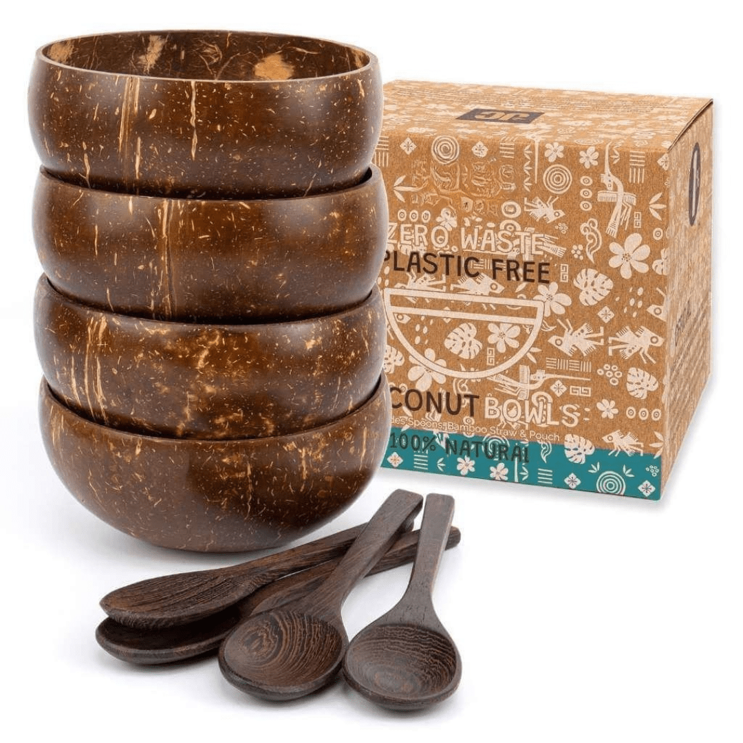 Upcycling-Kokosschalen & Löffel 4er-Set – nachhaltig genießen